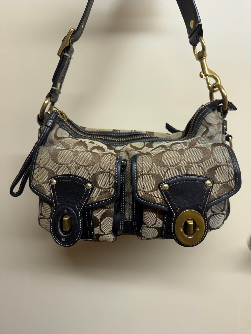 Coach Brown Signature Canvas Shoulder Bag with Black Leather Trim